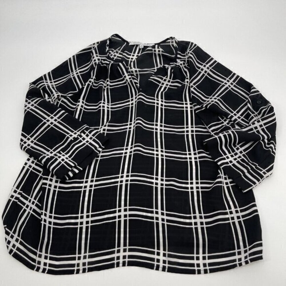 Collective Concepts Blouse Small Womens Black White Plaid Roll Tab Sleeve Casual